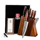 YARENH Kitchen Knife Set, 8 Piece Professional Damascus Chef Knives, Sharp High Carbon Stainless Steel Blade, 73 Layers, Full Tang, Dalbergia Wood Handle, Walnut Wooden Block and Sharpener Stone