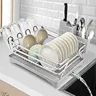 Trusthere Dish Drying Rack with Drain Board, 360degree Swivel Spout Dish Rack, Rustproof Aluminum Drainboard Set with Removable Utensil, Cup Holder for Kitchen (Large-Silver)