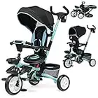 COSTWAY Folding Baby Tricycle, 6 in 1 Kids First Bike Stroller with 360° Swivel Seat, Adjustable & Removable Canopy, Parent Handle, Double Brake Push Trike for 1-5 Year Old (Blue)