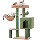 MeowSir Cat Tree 34 Inches Cat Tower Cactus Cat Scratching Post with Large Top Perch, Private Cat Condo and Hammock, Fully Natural Sisal Scratching Post and Dangling Bell Ball for Indoor Cats