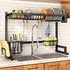 Over The Sink Dish Drying Rack, Adjustable (33.8" to 41.5") Large Dish Drying Rack for Kitchen Counter with Multiple Baskets Utensil Sponge Holder Sink Caddy, 2 Tier Black