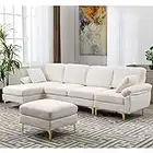HomSof, White Sectional, Mid Century Modern Couch with Chaise and Ottoman, Polyester Fabric Set for Living Room, U-Shape Sofa
