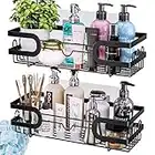 HapiRm Shower Caddy, Bathroom Organiser Stainless Steel with 12 Hooks, Adhesive Bathroom Shelf Wall Mounted, Rust-proof Shower Caddy No Drill for Bathroom and Kitchen, 3 Adhesives, 2 Pack