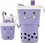 Cmeilau Mignon Bubble Tea Pencil Case Titulaire Télescopique Sac De Papeterie, Porte-Stylo Debout Cosmétiques Rétractable, avec Sourire Visage Dot Organisateur pour Étudiants Femmes Adultes Mauve