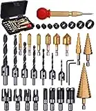 SHITIME 34 Pack Wood Working Chamfer Drilling Tools, 6 Countersink Drill Bit Set, 7 Counter Sinker Drill Bit Set, 8 Plug Cutters for Wood, 8 Drill Stop Bit Collar Set and 3 Step Drill Bits.