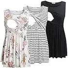 Bearsland Women's Maternity Nursing Tank Tops Sleeveless Scoop Neck Soft Breastfeeding Shirt,Black&White Stripes & White Roses,M