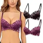 SHEKINI Soutien Gorge Push Up en Dentelle Soutien-Gorge avec Armatures Coussinet Rembourré Fixe Bretelles Réglables Confort T-Shirt Bra 2 Pièces（Noir-Violet,100B）