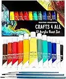 Crafts 4 All Acrylic Paint Set for Kids and Adults - 12 Pack of 12 mL Craft Paint Colours for Wood, Canvas, Fabric, Ceramics and Rock Painting w/Different Sized Brushes - Art Supplies