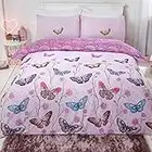 Dreamscene Butterfly Heaven Duvet Cover with Pillowcase Reversible Floral Bright Bedding Set, Purple - Single Size