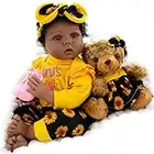 Aori Lifelike Reborn Baby Dolls Black Girl, 22 Inch Realistic Reborn Doll African American Newborn Weighted Baby Dolls That Look Real with Teddy Toy and Sunflower Clothes Gift Set for Ages 3+