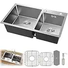 Double Bowl Kitchen Sink, Drop In 32.3 x 17.7 Stainless Steel Topmount Bar Sink Nice Kitchen Sink With Gift-Soap Dispenser, Faucet Mat, Drain Strainer Set for Modern Kitchen Sink