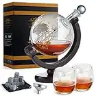 Zcoolo Juego de Decantador de Whisky - Decantador de Whisky de vidrio Exquisita Caja de Regalo - Decantador de 850 ml, 2 Vasos de Globo Grabados, Embudo de Acero Inoxidable y 9 Piedras de Whisky (A)