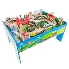Wooden Train Set Table for Kids, Deluxe Had Painted Wooden Set with Tracks, Trains, Cars, Boats, and Accessories for Boys and Girls by Hey! Play!