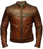 Chaqueta de piel envejecida marrón encerada para motociclista Cafe Racer retro vintage para hombre, marrón, XXXL