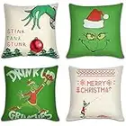 Rwu Christmas Pillow Covers 18x18 Set of 4 Throw Covers Grinch Pillow Case Christmas Pillows Winter Holiday Throw Pillows Christmas Farmhouse Decor for Couch