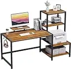 GreenForest Computer Desk 59 inch with Storage Printer Shelf Reversible Home Office Desk with Movable Monitor Stand and 2 Headphone Hooks for Study Writing PC Gaming Working, Walnut