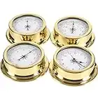 4Pcs Weather Station Set, High Precision Barometer Clock Meter Thermometer Hygrometer Kit, Brass Case 5.7in Boat Accessory, No Battery Needed, for Hotels, Warehouses, Offices, Factories