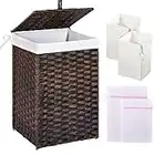 Greenstell Laundry Hamper with Lid, 60L Clothes Hamper with 2 Removable Liner Bags & 2 Mesh Laundry Bags, Handwoven Synthetic Rattan Laundry Basket for Clothes, Toys in Bathroom, Bedroom Brown