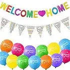 Juego de Pancartas y Globos Welcome Home de 26 Piezas Incluye 24 Globos Tropicales Welcome Home, Banner Brillante Welcome Home, 12 Banderas de Banderines para Decoración de Hogar Fiesta Familiar