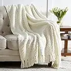 Bedsure Throw Blanket for Couch – Cream White Versatile Knit Woven Chenille Blanket for Chair, Super Soft, Warm & Decorative Blanket with Tassels for Bed, Sofa and Living Room (Ivory, 50 x 60 inches)