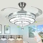 DLLT 42'' Crystal Ceiling Fan with Light, 36W Modern Ceiling Fan Remote, 3-Blade Retractable Led Fan Chandelier Indoor for Living Room, Bedroom, Dining Room, Color Changeable 3000K-6000K Nickel