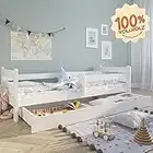 Kids Collective Kinderbett Jugendbett 90x200 cm mit Rausfallschutz | Voll-Holz inkl. Lattenrost & Schublade in weiß Kiefer | Mädchen Jungen Bett skandinavisch