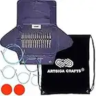 addi Click Rocket 2 Square Short 3.5-inch Interchangeable Ergonomic Circular Knitting Needle Set Sizes US 4, 5, 6, 7, 8, 9, 10 & 11 with 5 Cords, Canvas Case Bundle with 1 Artsiga Crafts Project Bag