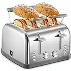 Toaster 4 Slice, Extra Wide Slots, Stainless Steel with High Lift Lever, Bagel and Muffin Function, Removal Crumb Tray, 7-Shade Settings with Warming Rack, Silver, Yabano