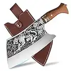 TOMBRO Meat Cleaver - 9" Butcher Knife, Heavy Duty Bone Chopper, Forged Cleaver Knife with Sheath for Meat Cutting, Tiger Engravings, Ultra Sharp Carbon Steel Chinese Chef Knife for Home&Outdoors…