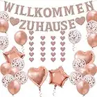 Willkommen Zuhause Deko Set, mit Rosegold Willkommen Zuhause Banner, Konfetti Luftballons Herz Stern Folienballon für Hause Familie Willkommen Baby Empfang Partei