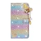 Jorisha Glitzer Brieftasche Hülle für Samsung Galaxy S22 5G,Glänzend Diamant Leder Kartenhalter Stand Handyhülle Funkeln Strass Blume Edelsteine Perle Liebe Herz Anhänger Hülle,Regenbogen Lila