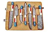 Custom Handmade Damascus Chef Knives Set / Kitchen Knives 7 Pieces Set SS-17309, (Red , Blue Wood and Bone) (Natural Bone and Colored Wood)