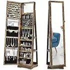 CASART Jewellery Cabinet, 3 in 1 Standing Jewelry Armoire with Full-Length Mirror and Storage Shelf, Lockable Jewellery Organiser for Earring Ring Necklace Cosmetics (360° Swivel Rustic Brown)