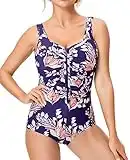 DELIMIRA Women's One Piece Bathing Suit Plus Size Swimsuit Tummy Control Front Zipper Swimwear, Violet Dew Condensation, 24