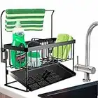 DMJWAN Kitchen Sink Caddy Organizer, 304 Stainless Steel Sponge Holder Sink Caddy for Dish Rags Brush Soap Scrubber with Auto Drain Tray