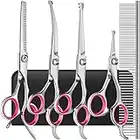 Professional 4CR Stainless Steel with Safety Round Tips Dog Grooming Scissors, Heavy Duty Titanium Coated 6 in 1 Pet Scissors for Dogs,Cats and Other Animals