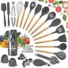 YUTUY Utensilios Cocina de Silicona,21 Piezas Utensilios de Cocina,Antiadherente con Mango de Madera,Resistentes Al Calor Utensilios De Cocina,20 S Ganchos para Utensilios (Gris Oscuro)