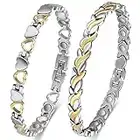 Vicmag 2PCS Titanium Steel Magnetic Bracelets for Women with Ultra Strength Magnetic, Neat and Sparkly Crystal Love Style Design, Gift Box with Adjustment Tool (Silver Gold)