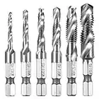 6 Pezzi Punte Trapano, Maschi Countersink Tap Drill Bit HSS Imposta Combinazione Attacco Filettare e Svasare l’imboccatura Innesto Esagonale Standard Titanio Tap Trapano, non per Metallo Duro