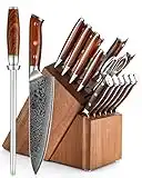 XINZUO Acero de Damasco Juegos de Cuchillos de Cocina con Bloque de Cuchillos 15 Piezas- Chaira y Tijeras de Cocina, Afilado Forjado Set Cuchillo de Cocinero y 6 Cuchillos de Carne -Rosewood Mango