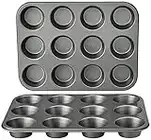 Amazon Basics Nonstick Round Carbon Steel Muffin Pan, 2-Pack, Grey