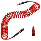 Hromee 1/4 in x 25 ft Polyurethane Recoil Air Hose with Bend Restrictors Compressor Hose with 1/4" Industrial Universal Quick Coupler and I/M Plug Kit, Red