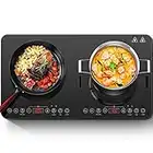 Aobosi Double Induction Hob,Induction Hobs with Slim Black Crystal Panel Body, Independent Control,Induction Cooker with 10 Temperature Setting,4-Hour Timer,2800W,Safety Lock