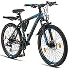 Licorne Bike Effect Premium Mountain Bike - Alloy Frame Bicycle for Boys, Girls, Men and Women - 21 Speed Gear, 26 inch, Black/Blue (2x Disc Brake)