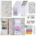 Budget Planner Budget Binder A6 Cash Stuffing Umschlagmethode Pu-Leder Ringbuch Sparbuch mit Folien Zubehör, Finanzplaner für Geld Organizer, Geld Sparen Mappe (Grau)