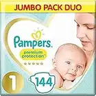 Pampers Baby Nappies Size 1 (2-5 kg / 4-11 lbs) Premium Protection, (New Baby), 144 Nappies, JUMBO PACK DUO, Baby Essentials For Newborn