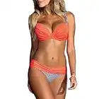 Minetom Femmes Été Deux Pièces Rembourré Trikini Accroché Cou Push-Up À Bretelle À Pois Maillot De Bain Bikini Set Orange FR 38