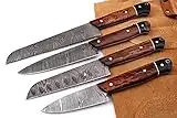 Professional Kitchen knife Custom Damascus Steel Chef knife 4 pcs of Utility BBQ knife| Cutlery set with Ross wood and Buffalo Horn Handle with Leather Roll Case, Overall 8.5 -13 inches