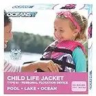 Oceans7 US Coast Guard-Approved Kids Life Jacket 30-50 lbs -Type III PFD Flexible-Fit Open-Sided Design Personal Flotation Device – Pink/Berry
