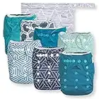 Nora's Nursery Cloth Diapers 7 Pack with 7 Bamboo Inserts & 1 Wet Bag - Waterproof Cover, Washable, Reusable & One Size Adjustable Pocket Diapers for Newborns and Toddlers - Dimensional Blues